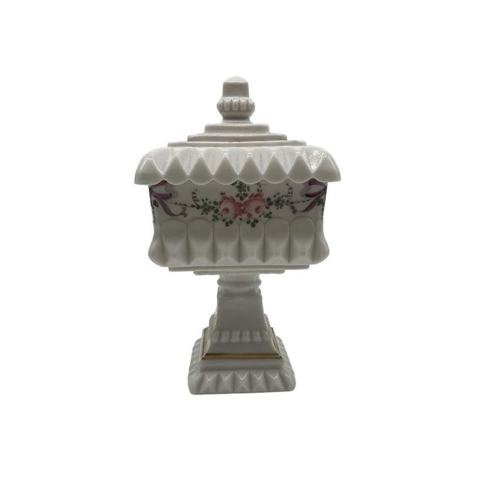 Westmoreland Milk Glass Pedestal Covered Wedding Cake Box Roses and Bows Pattern